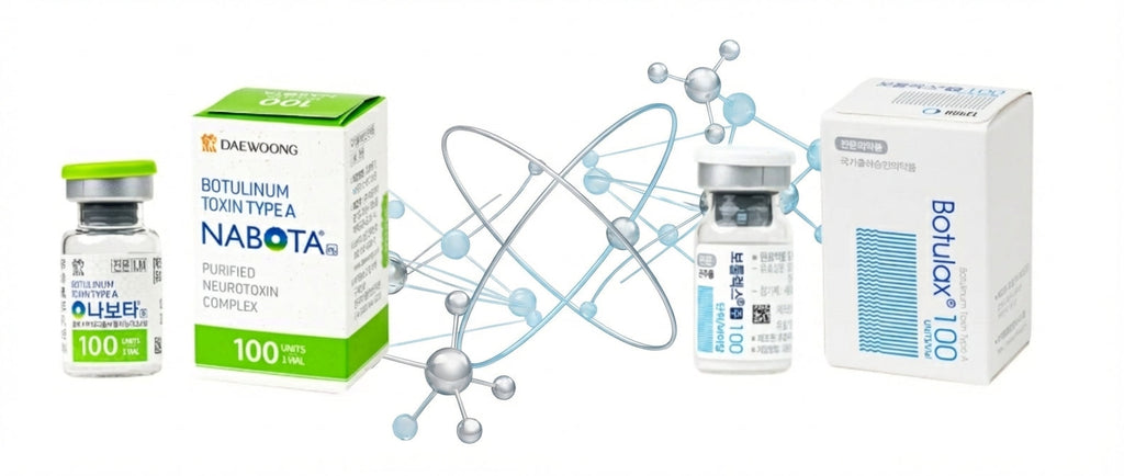 Botulax and Nabota 100-unit vials and boxes displayed side by side with molecular graphics, representing a comparison of Korean botulinum toxin type A products.