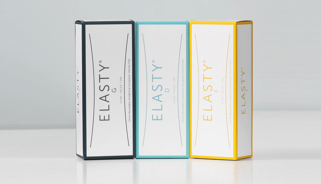 Elasty F, Elasty G, Elasty D hyaluronic acid filler boxes – Korean dermal fillers for tear trough, nasolabial folds, jawline contouring 2025