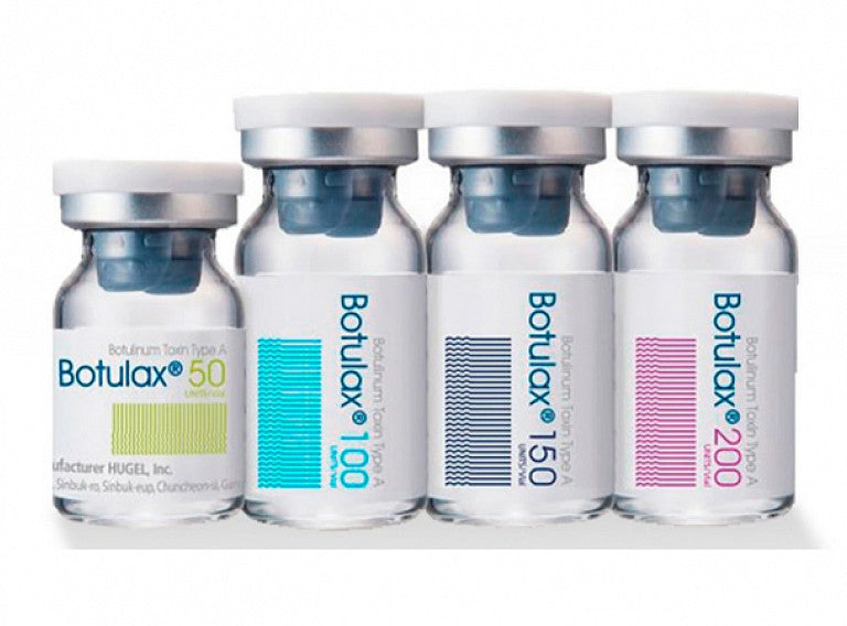 Botulax botulinum toxin vials in 50U, 100U, 150U, and 200U packaging.