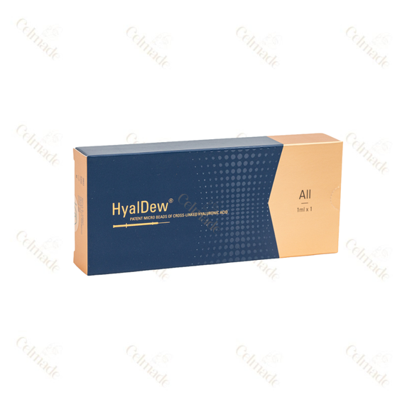 HyalDew All Lido medium-density hyaluronic acid filler with Lidocaine for fine line reduction and moderate volume.