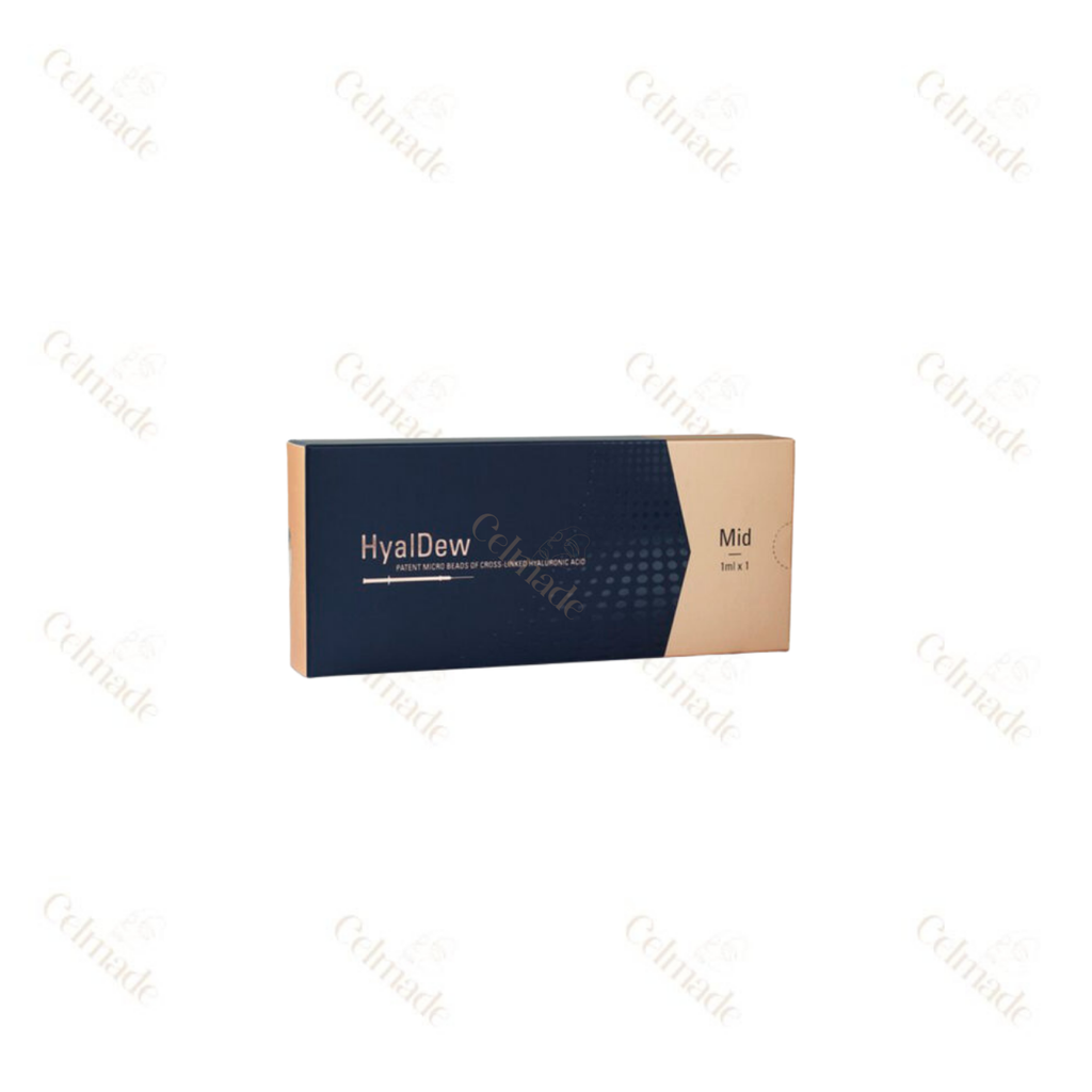 HyalDew Mid Lido medium-density hyaluronic acid filler with Lidocaine for moderate volume and facial contouring.