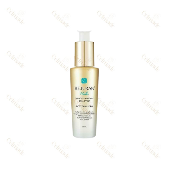 Rejuran Healer Turnover Ampoule Dual Effect combines DUAL PDRN complex and a triple-penetration system to visibly brighten, reduce wrinkles, and strengthen the skin barrier with fast-absorbing, hydrating care.
