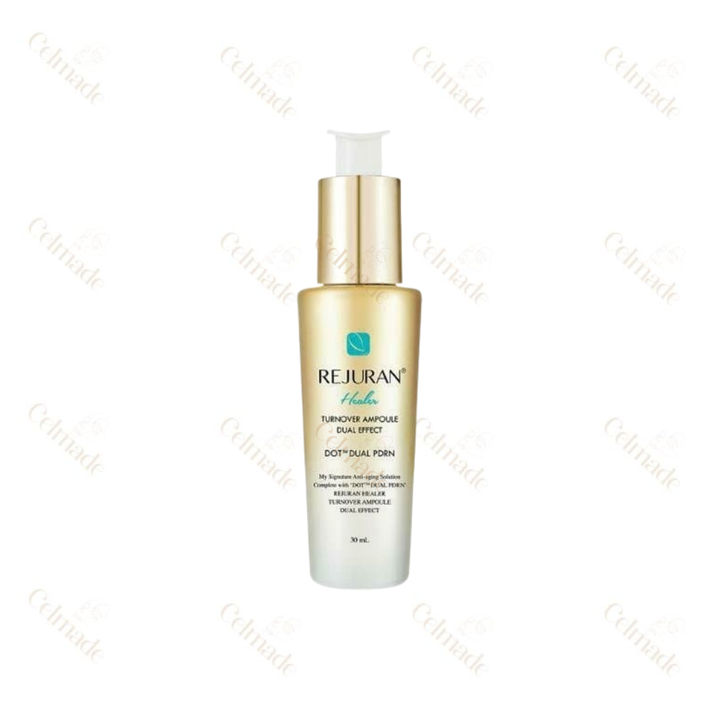 Rejuran Healer Turnover Ampoule Dual Effect combines DUAL PDRN complex and a triple-penetration system to visibly brighten, reduce wrinkles, and strengthen the skin barrier with fast-absorbing, hydrating care.