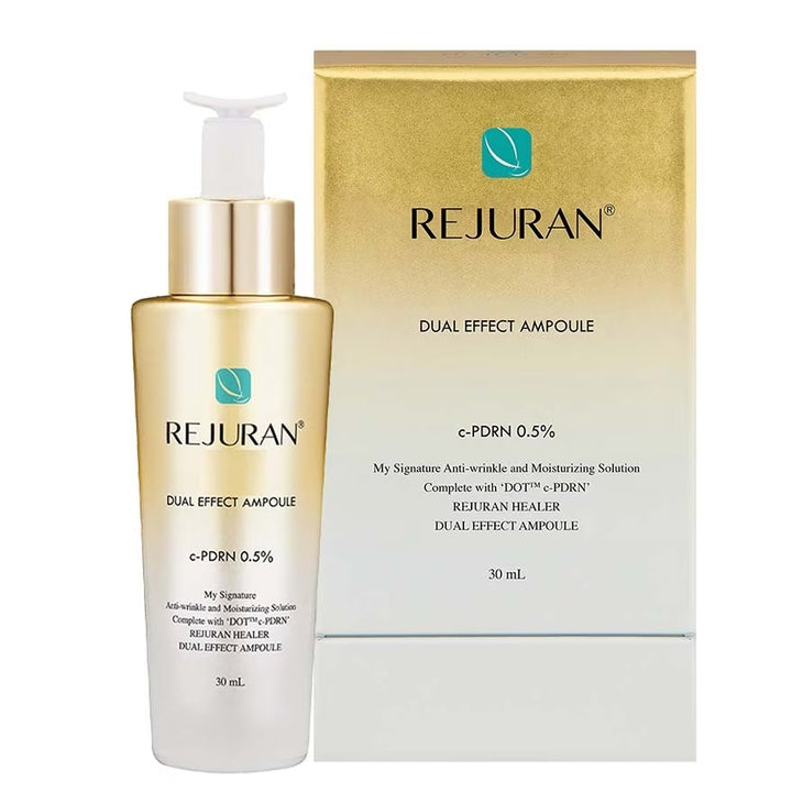 Rejuran Healer Turnover Ampoule Dual Effect combines DUAL PDRN complex and a triple-penetration system to visibly brighten, reduce wrinkles, and strengthen the skin barrier with fast-absorbing, hydrating care.