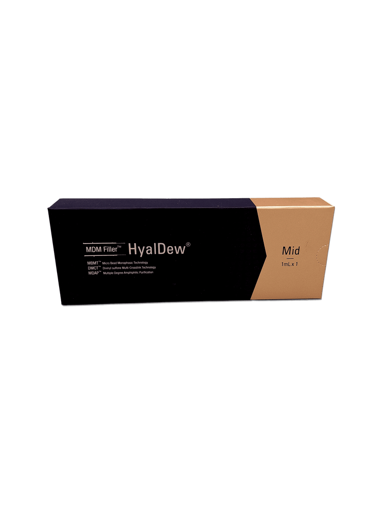 HyalDew Mid Lido medium-density hyaluronic acid filler with Lidocaine for moderate volume and facial contouring.