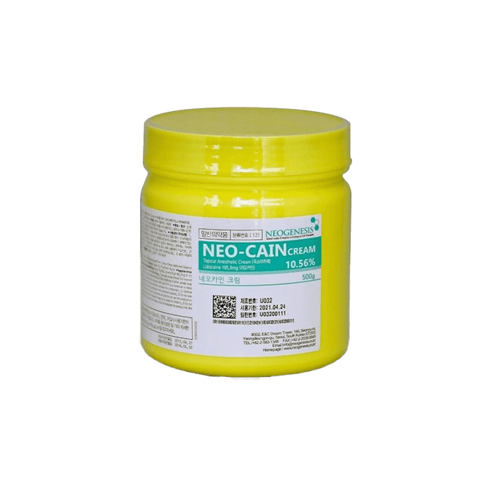 NEO CAIN CREAM 500G professional-grade lidocaine-based numbing cream for pain relief in cosmetic and dermatological procedures.