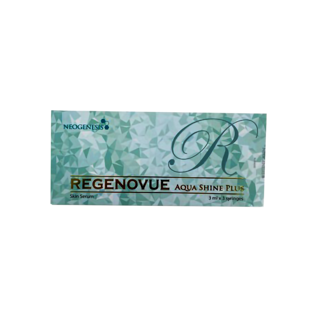 Regenovue Aqua Shine Plus GOLD skin rejuvenation treatment with hyaluronic acid, peptides, and vitamins for hydration and radiance.