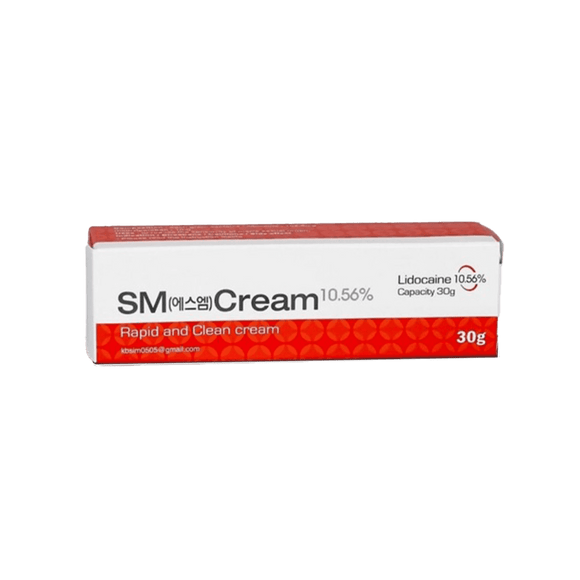 SM CREAM 30G compact lidocaine-based numbing cream for pain relief in cosmetic procedures.